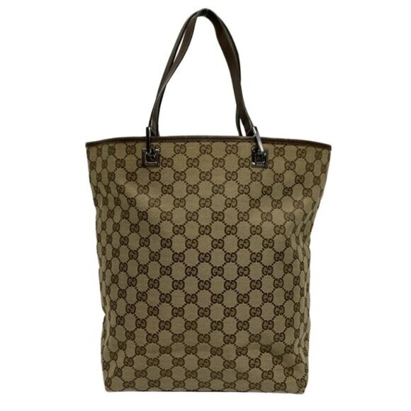 GUCCI GG Beige Dark Brown Jacquard Leather Tote Bag 327-061525